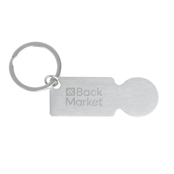 A silver keyring featuring a flat rectangular tag with a rounded end and a circular keyring attachment.
