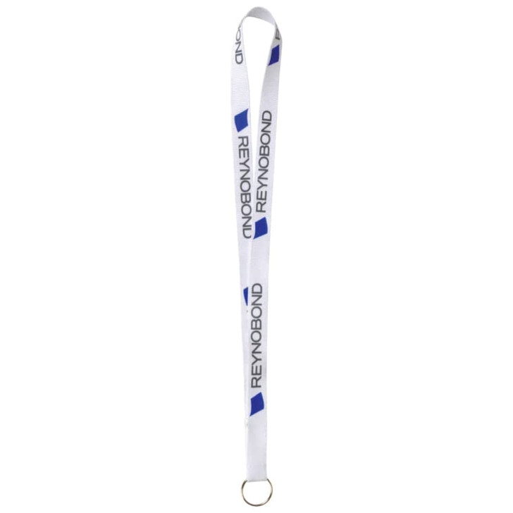 A white lanyard featuring a logo, made from recycled materials, with a ring attachment at the end.