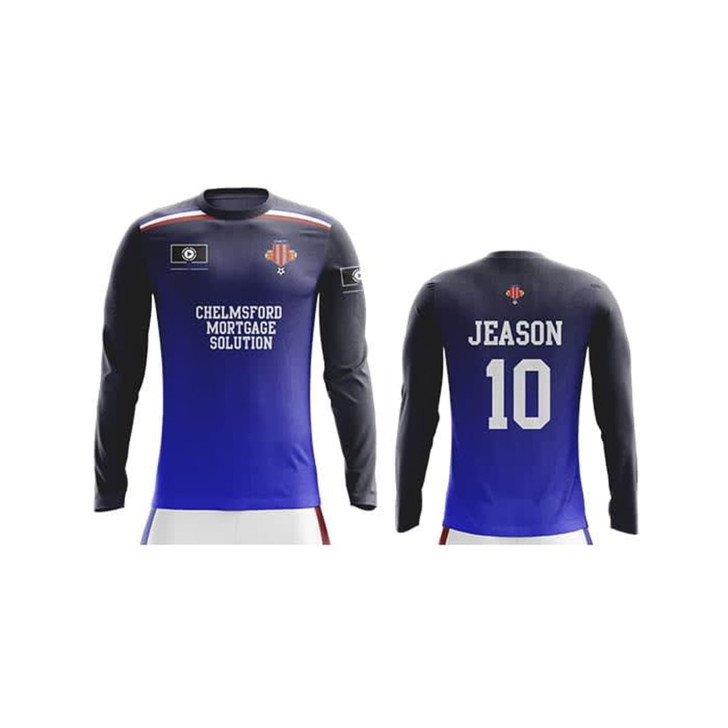 A long sleeve soccer jersey in blue and black, featuring a logo and the name 'JEASON' on the back.