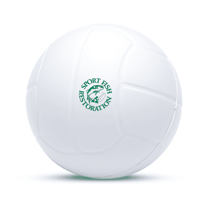 A white stress ball designed like a volleyball, featuring a circular logo.