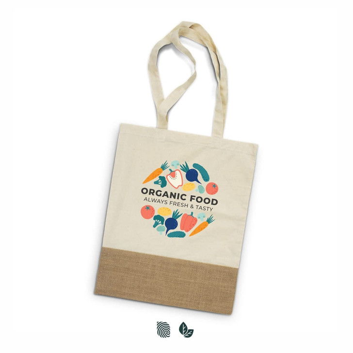 A cream tote bag with a rustic brown bottom, featuring a logo related to organic food.