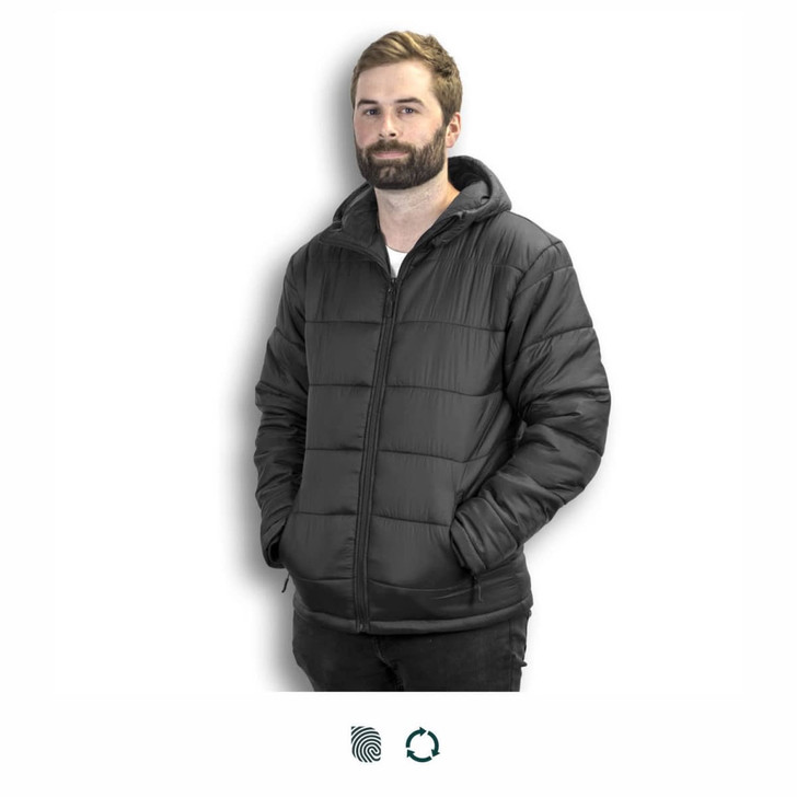 A black puffer jacket with a hood, featuring a zip closure and side pockets, worn by a man.