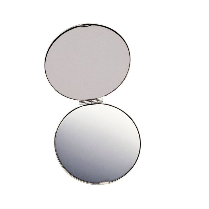 A silver compact mirror with a polished finish, featuring two reflective surfaces inside.