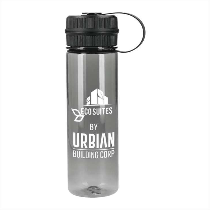 A drink bottle in clear grey with a black lid and a logo on the side. Features a carry loop.