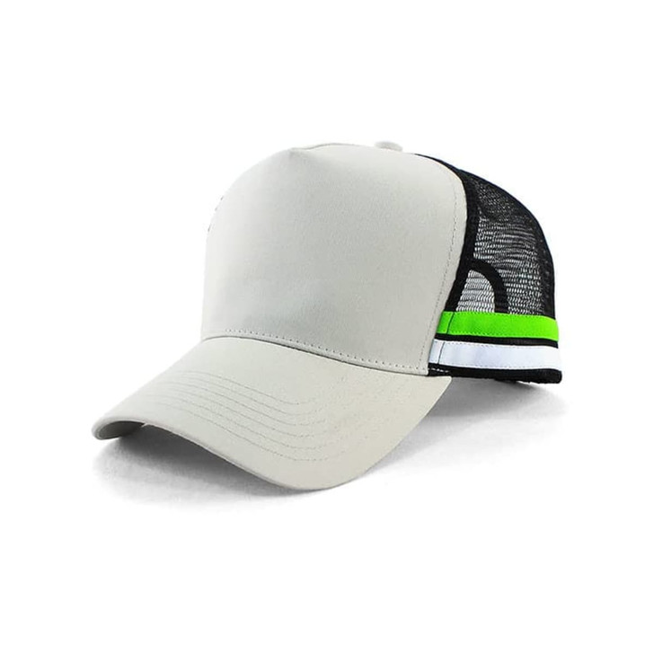 A grey and black trucker cap featuring a mesh back and a green and white stripe detail. It has a logo as well.