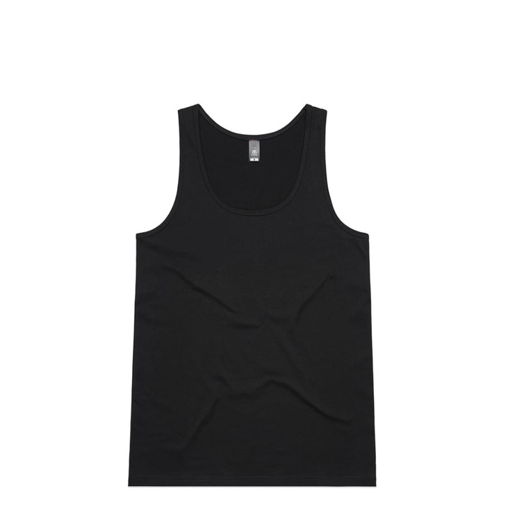 A black singlet with a round neckline and a logo on the label. Suitable for casual wear.
