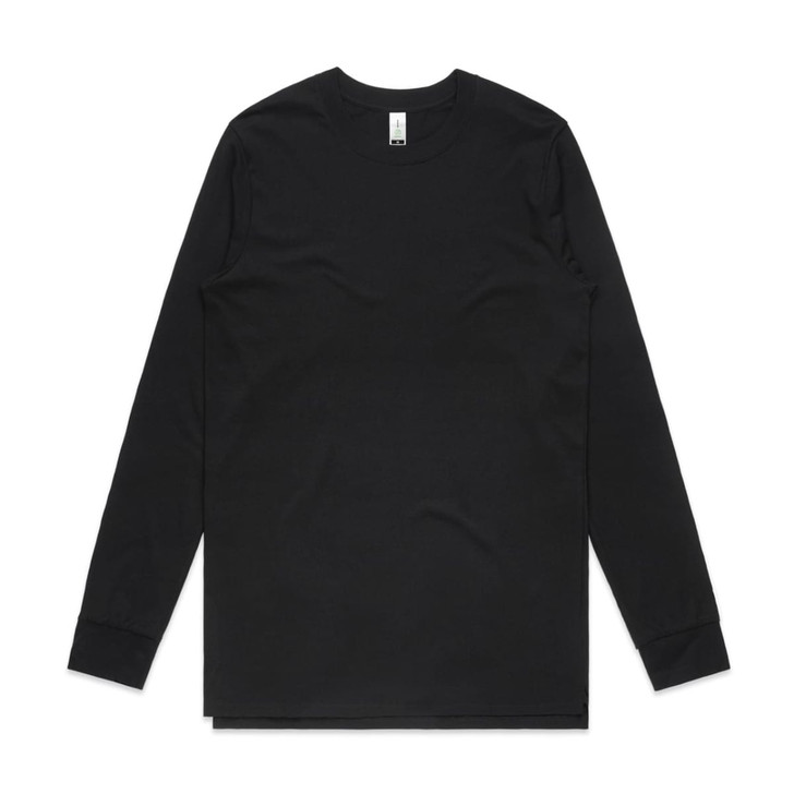A black long-sleeve organic T-shirt with a simple design and a small logo on the label.