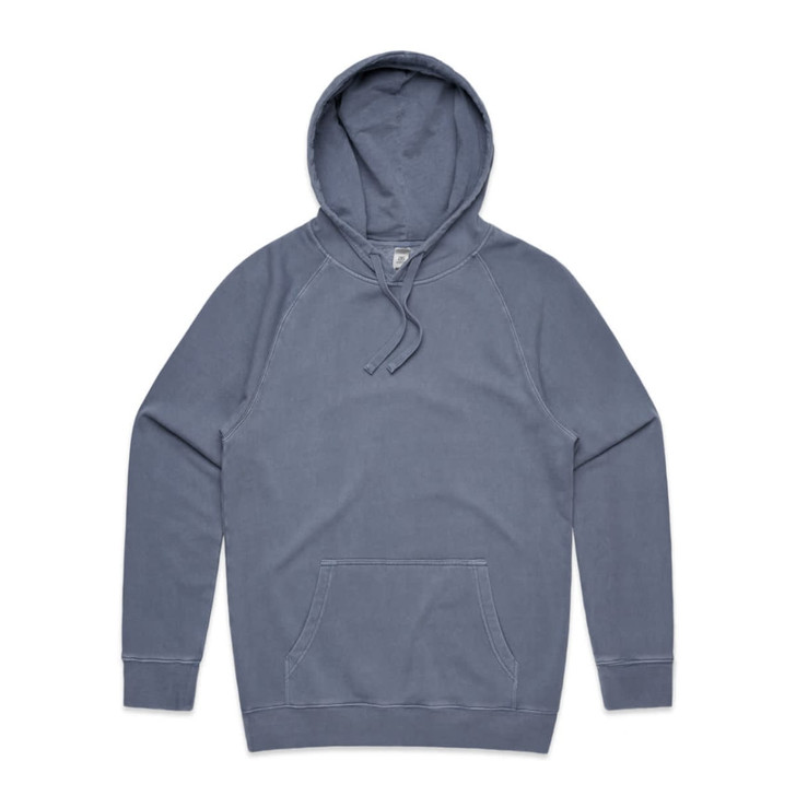 A faded blue hoodie with a front pocket and a drawstring hood. It features a subtle logo.