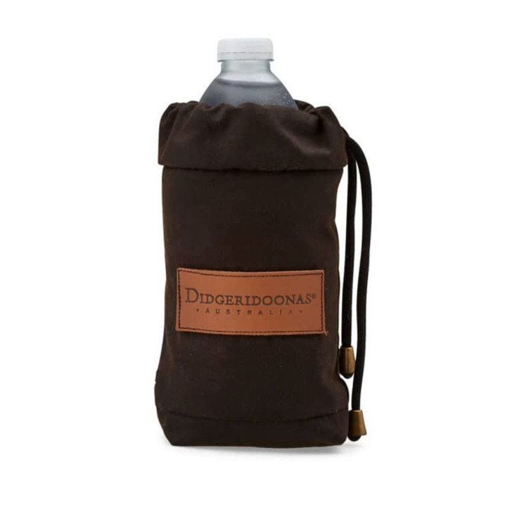 A drink bottle cooler in dark brown with a drawstring closure and a branded patch.