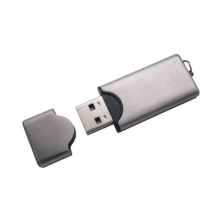 A silver flash drive with a removable cap, featuring a sleek metallic design and a built-in keyring loop.