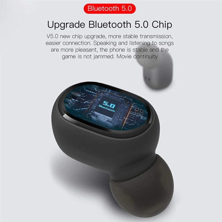 Black Hastings Pro TWS Earbud featuring a sleek design and Bluetooth 5.0 chip with a logo on the surface.