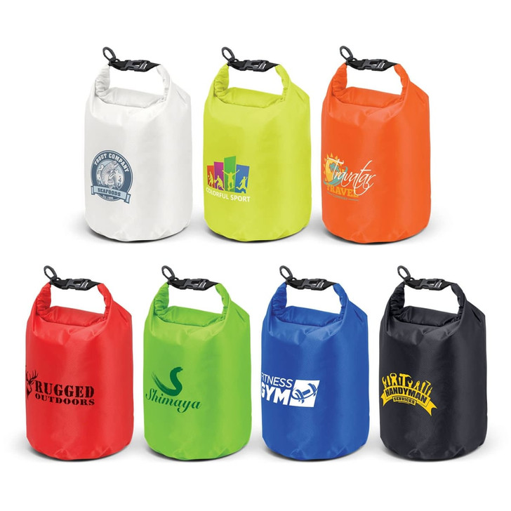 A collection of 10L dry bags in white, orange, green, black, and various other colours, featuring different logos.