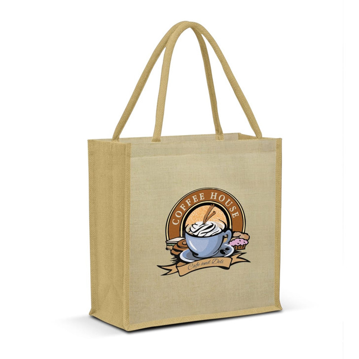 A yellow tote bag featuring a coffee cup design with desserts and a logo. The bag has two handles.