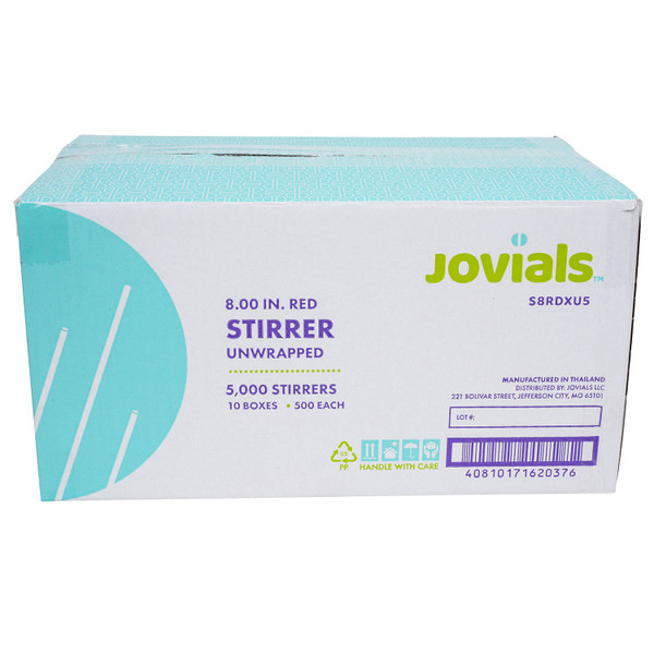 JOVIALS STIRRER 8" RED 10/500  BOXED UNWRAPPED (CASE OF 5000)