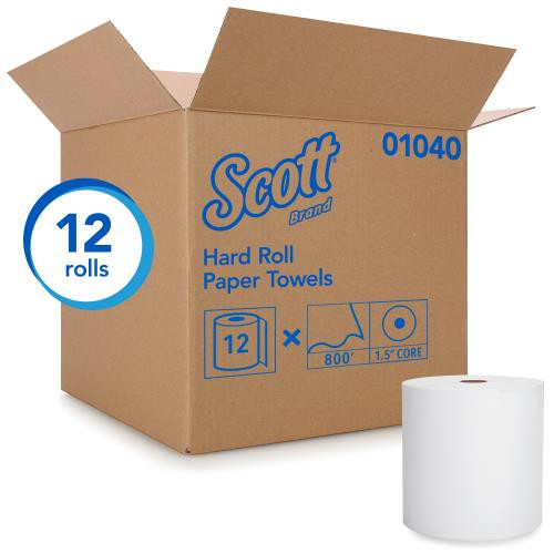 KIMBERLY-CLARK  01040 8"X800' WHITE ROLL TOWEL  SCOTT HARD WOUND     12/CS (CASE OF 12)