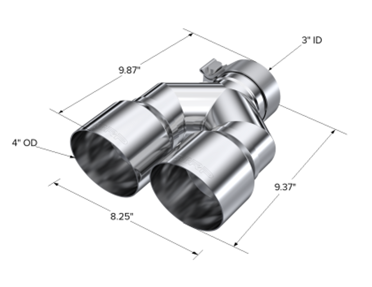 MBRP 3in ID / Dual 4in OD Out Staggered L 9.87in / R 9.37in Single Wall T304 SS Univ Exhaust Tip