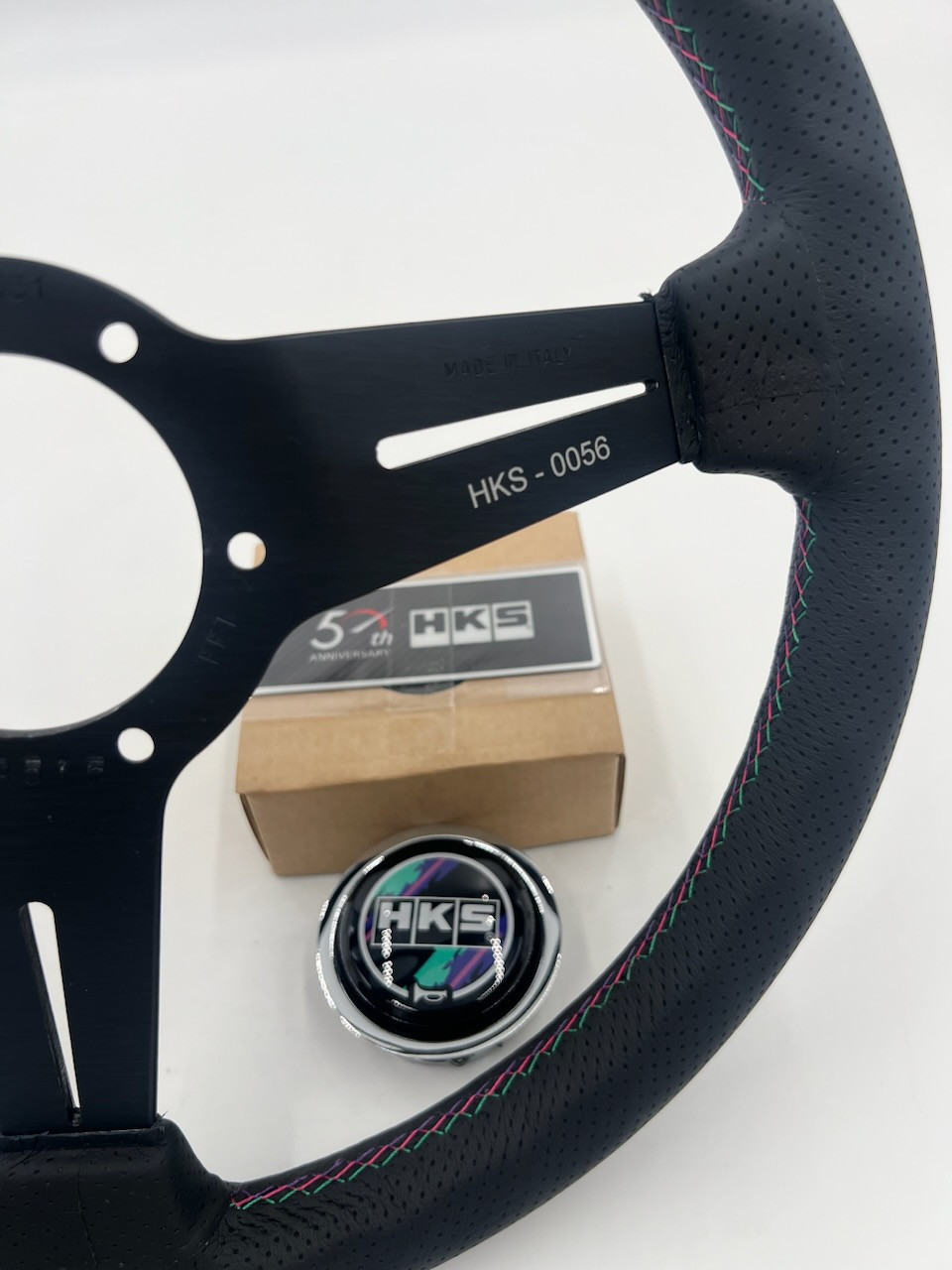 HKS 50th Anniversary x Nardi Sport Type-A Steering Wheel - 340mm / Perforated Leather / Oil Color Stitch / Silver Bezel