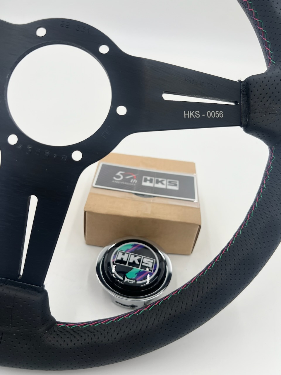 HKS 50th Anniversary x Nardi Sport Type-A Steering Wheel - 340mm / Perforated Leather / Oil Color Stitch / Silver Bezel