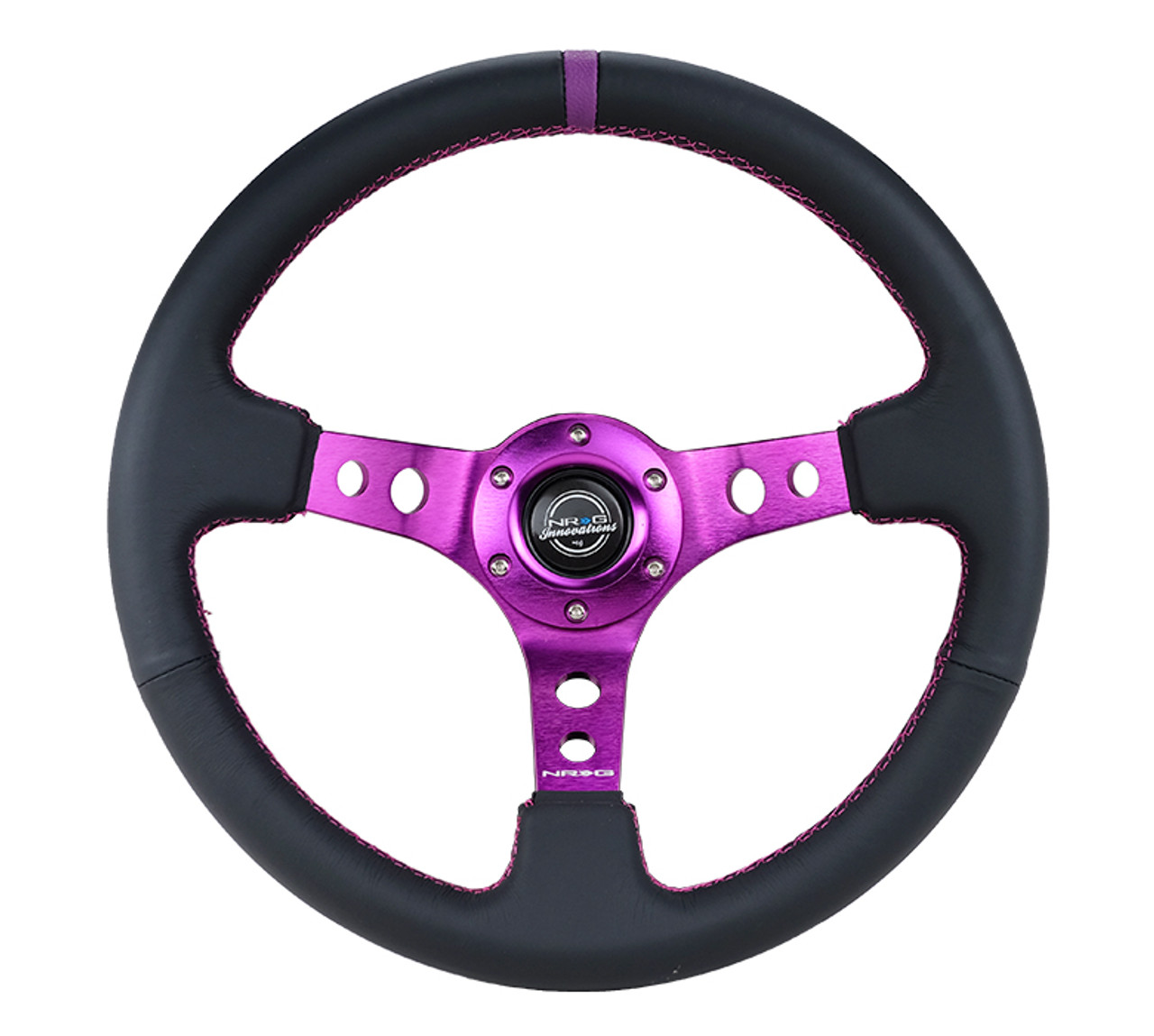 NRG Reinforced Steering Wheel (350mm / 3in. Deep) Black Leather w/Purple Center & Purple Stitching