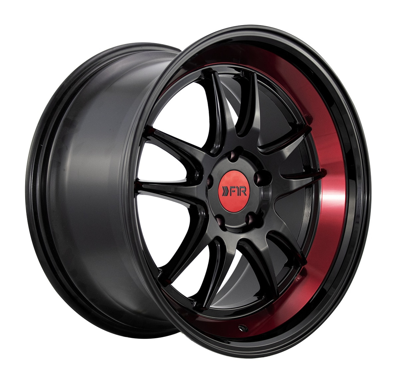 F1R F102 18x8.5 +38 Gloss Black with a Red Lip