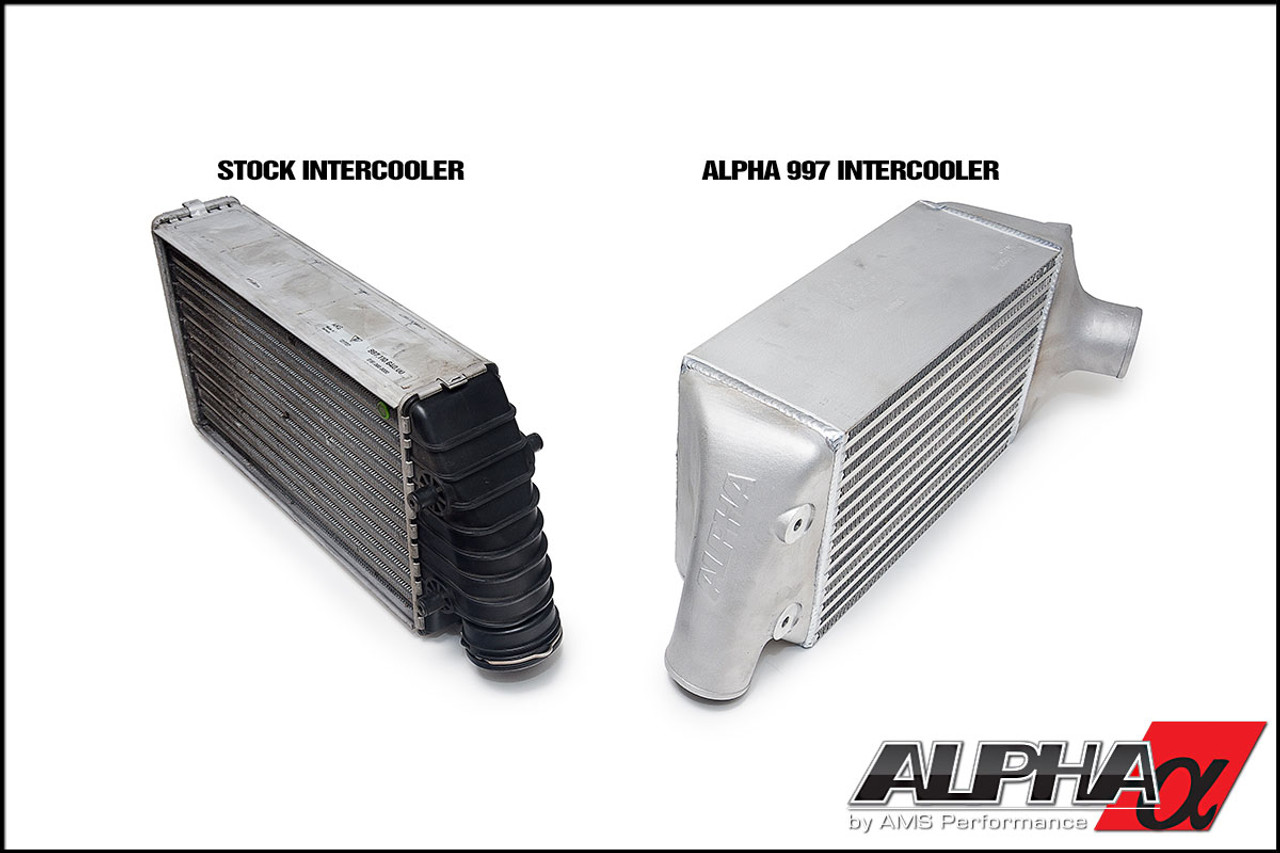 AMS Performance Porsche 997.1TT Alpha Intercooler System (For Stock Framed Turbos) - Stock intercooler vs Alpha 997 Intercooler