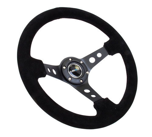 NRG Reinforced Steering Wheel (350mm / 3in. Deep) Blk Suede/Blk Stitch w/Black Circle Cutout Spokes