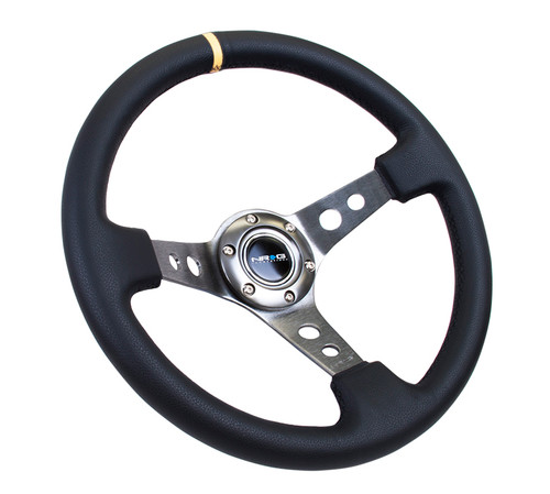 NRG Reinforced Steering Wheel (350mm / 3in. Deep) Blk Leather w/Gunmetal Cutout Spoke & Yellow CM