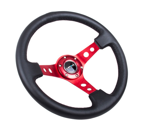 NRG Reinforced Steering Wheel (350mm / 3in. Deep) Blk Leather w/Red Circle Cutout Spokes