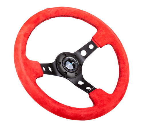 NRG Reinforced Steering Wheel (350mm / 3in. Deep) Red Suede w/Blk Circle Cutout Spokes