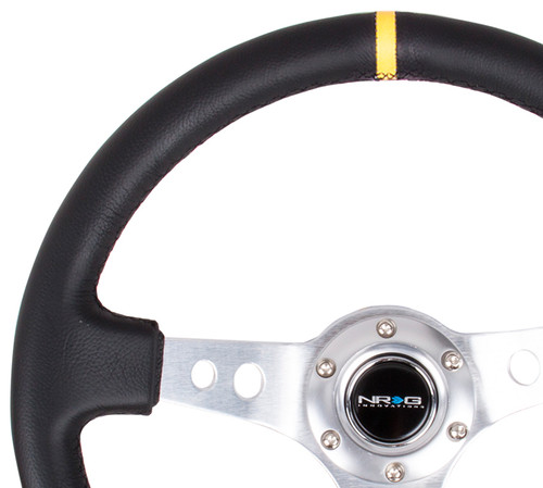 NRG Reinforced Steering Wheel (350mm / 3in. Deep) Blk Leather w/Silver Spoke & Circle Cutouts