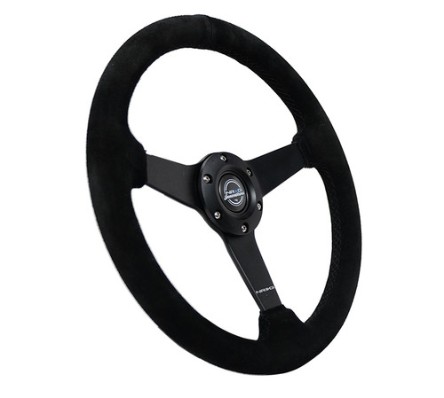 NRG Sport Steering Wheel (350mm / 1.5in Deep) Black Suede/Black Stitch w/Matte Black Solid Spokes