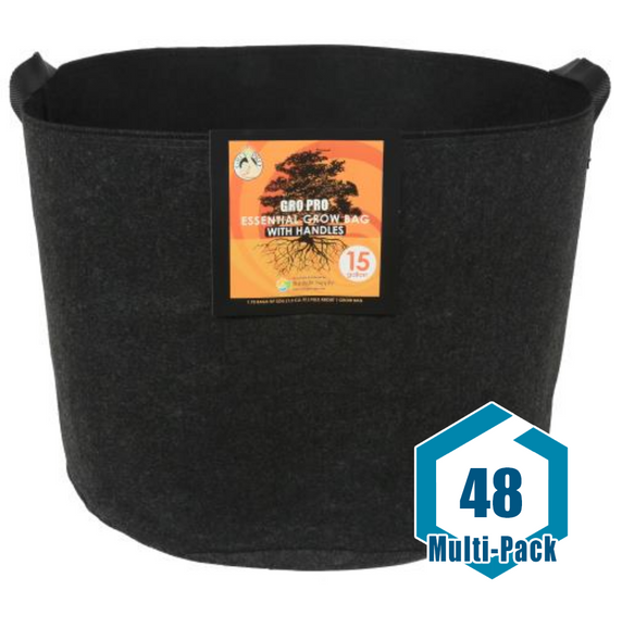 Gro Pro Essential Round Fabric Pot w/ Handles 15 Gallon - Black: 48 pack