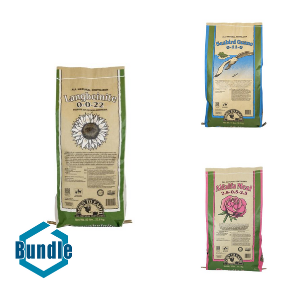 Down To Earth Langbeinite (Sul-Po-Mag) - 50 lb bundled with Down To Earth High Phosphorus Seabird Guano - 40 lb bundled with Down To Earth Alfalfa Meal - 25 lb