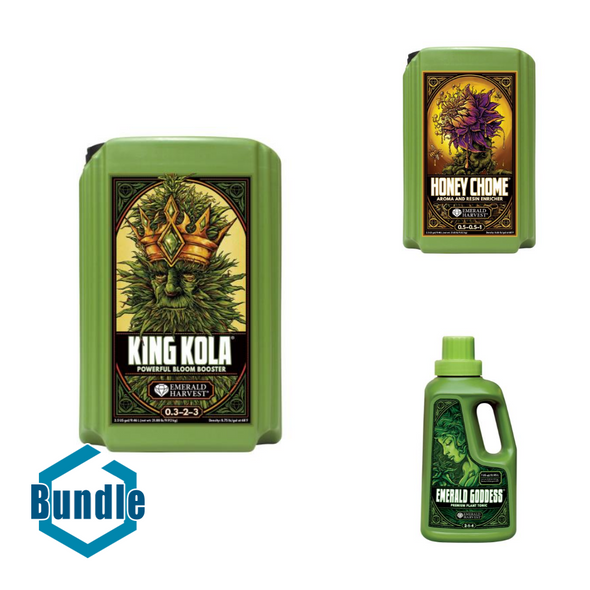 Emerald Harvest King Kola 2.5 Gal/9.46 L bundled with Emerald Harvest Honey Chome 2.5 Gal/9.46 L bundled with Emerald Harvest Emerald Goddess Qrt/0.95 L