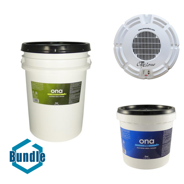 Ona Gel Fresh Linen 5 Gallon bundled with Ona Cyclone Dispenser Fan bundled with Ona Pro Gel Gallon Pail