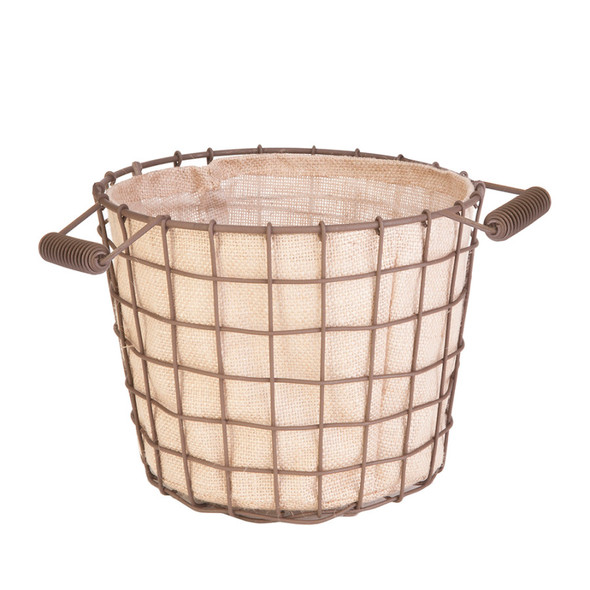 Panacea Small Rustic Woven Wire Bushel Basket with Burlap Liner Rust 8In