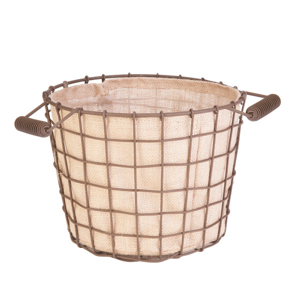 Panacea Small Rustic Woven Wire Bushel Basket with Burlap Liner Rust 14In