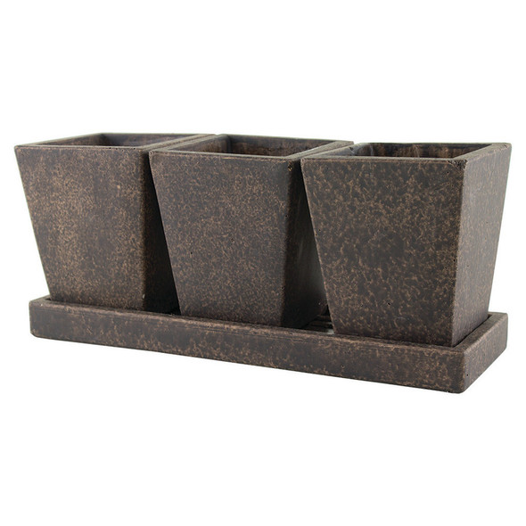 Syndicate Trio Garden Planter with Tray Weathered Brown 5Inx5Inx8 in