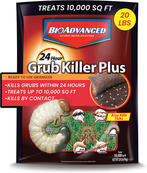 BioAdvanced 24 Hour Grub Killer Plus 20lb Granular - 36/plt - Treats Up to 10,000sq ft for Grubs or 15,000sq ft for Other Lawn Pests