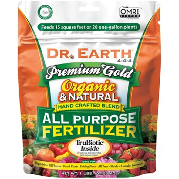 Dr. Earth Premium Gold Organic All Purpose Fertilizer 4-4-4 1lb Mini Poly Bag