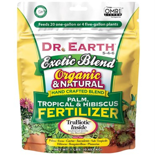Dr. Earth Exotic Blend Palm, Tropical & Hibiscus Fertilizer 5-4-6 1lb Mini Poly Bag