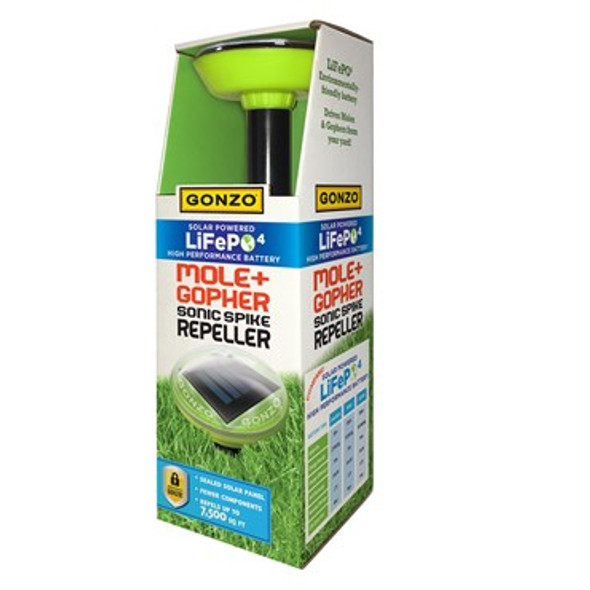 GONZO LiFePO4 Mole & Gopher Solar Sonic Spike Repeller 1pk - Treats up to 7,500sq ft