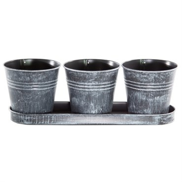 Gardener Select Farmhouse Collection Pot & Tray Set Round - Antique Black / Overall Dimensions: 12.6in L x 4.1in W x 4.3in H / Each Pot is Approx. 4in Diam x 4.25in H