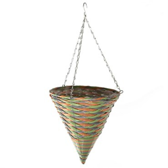 Gardener Select Woven Plastic Rattan Hanging Basket Cone  Woven Gray, Orange & Green / 12in Diam x 13.8in H