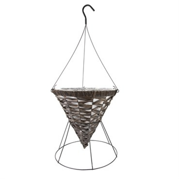 Gardener Select Woven Plastic Wicker Hanging Basket Cone with Stand - Coffee Wicker - 14in Diam x 14in H