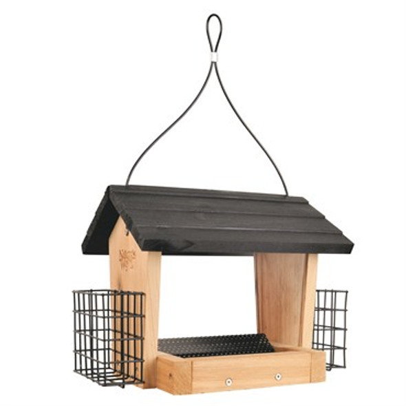 Natures Way 6 QT Cedar Hopper Feeder w/ 2 Suet Cages 10.5in H x 15in W x 8.5in D, 6 qt capacity