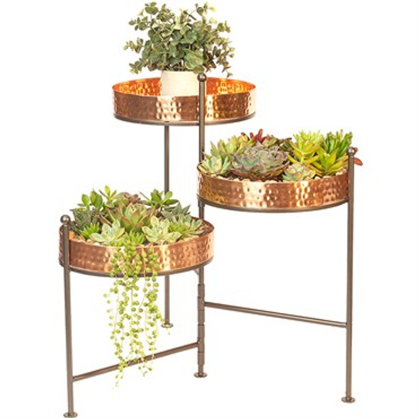 Panacea Contemporary Hammered Trays 3-tier Folding Plant Stand Copper Finish