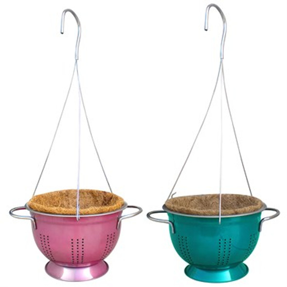 Very Cool Stuff Hanging Colorful Colander Planter with Coco Liner Assortment: Metallic Fuchsia & Teal - 8in Diam
