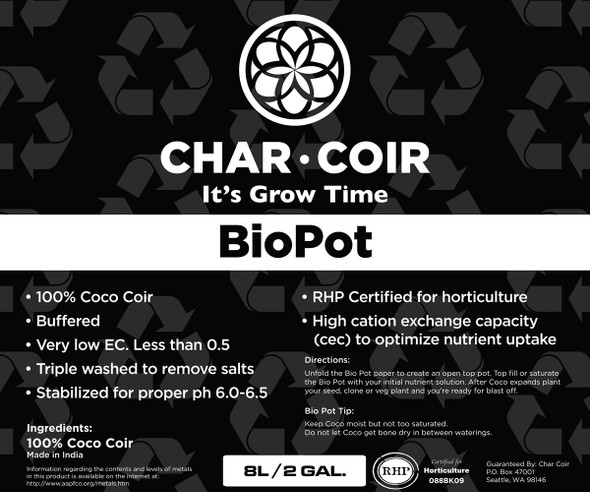 Char Coir BioPot, 8 L, case of 10