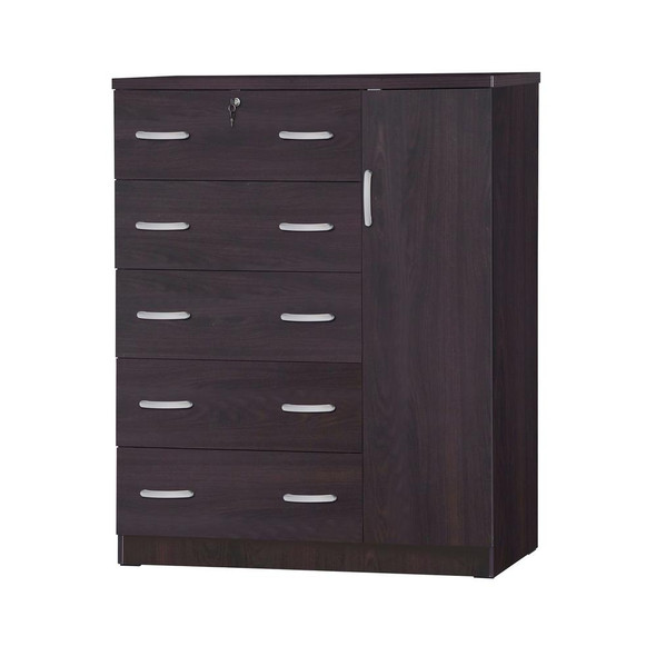 Better Home Products JCF Sofie 5 Drawer Wooden Tall Chest Wardrobe in Tobacco